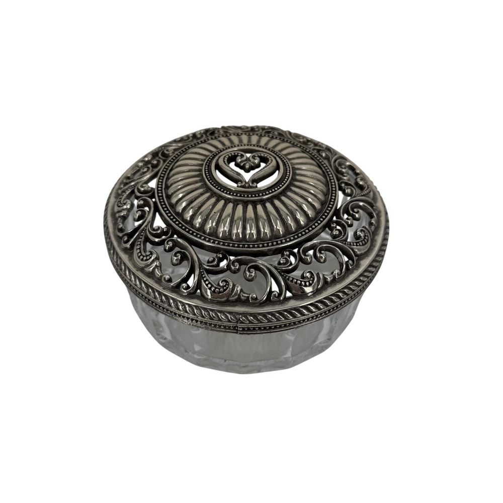 Brighton Crystal Trinket Box Women OS Silver Heart Filigree Jewelry Dish Decor